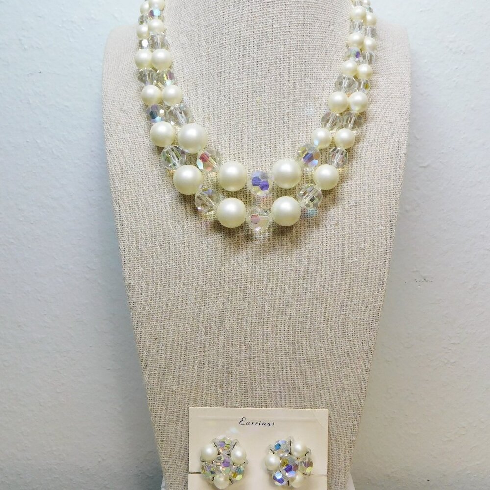 Double Stranded Faux Pearl & Clear Faceted Beaded Choker & Clip Earrings